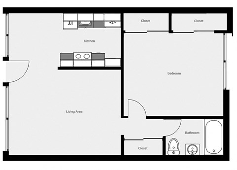 A black and white floor plan of a small apartment with a living area, kitchen, bedroom, and bathroom.